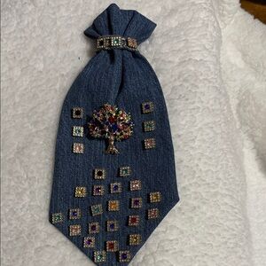 Denim Jeweled Tie with Multicolor Gems